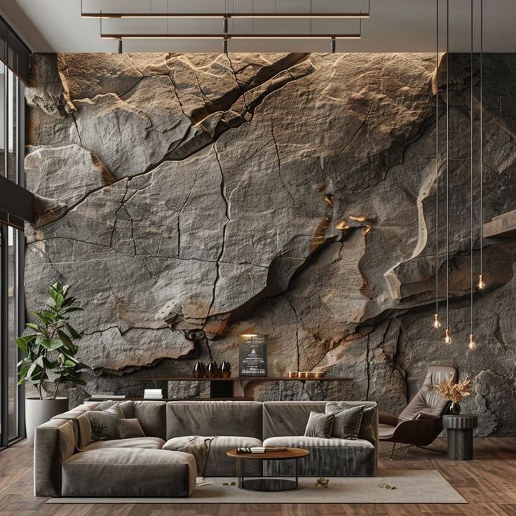 Living room stone wall design ideas