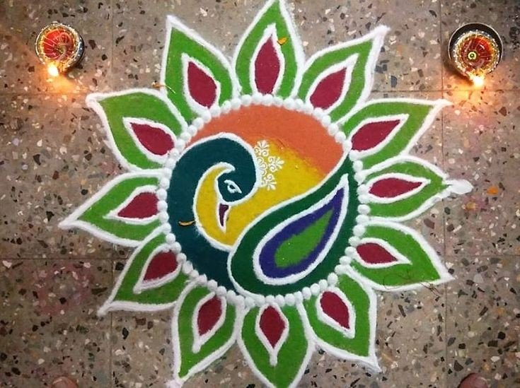 Beautiful Peacock Rangoli designs