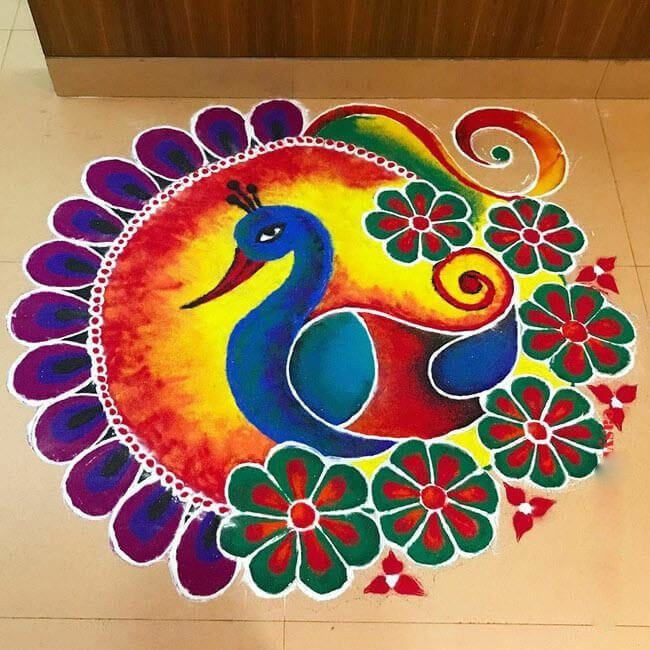 Beautiful Peacock Rangoli designs ideas